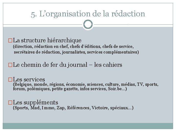 5. L’organisation de la rédaction �La structure hiérarchique (direction, rédaction en chef, chefs d’éditions,