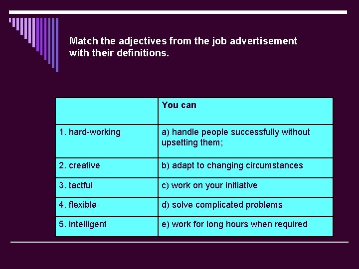 Match the adjectives from the job advertisement with their definitions. You can 1. hard-working