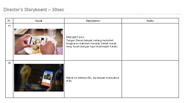 Director’s Storyboard – 30 sec Fr. Visual Description 11 PRESENT DAY. Tangan Steven tampak