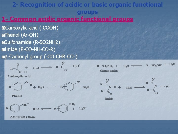2 - Recognition of acidic or basic organic functional groups 1 - Common acidic