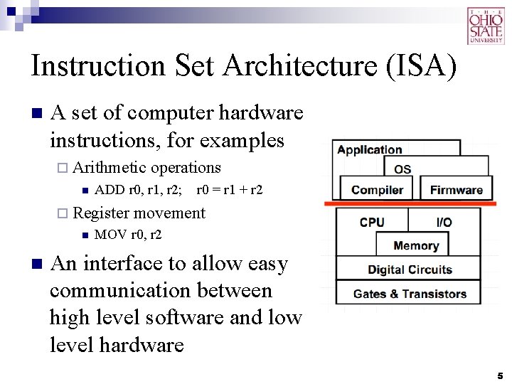 Instruction Set Architecture (ISA) n A set of computer hardware instructions, for examples ¨
