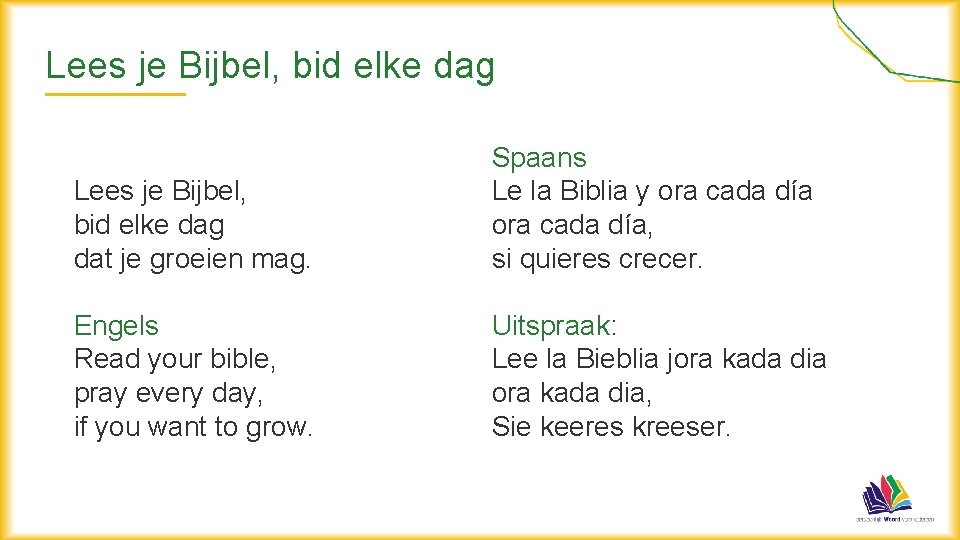 Lees je Bijbel, bid elke dag dat je groeien mag. Spaans Le la Biblia