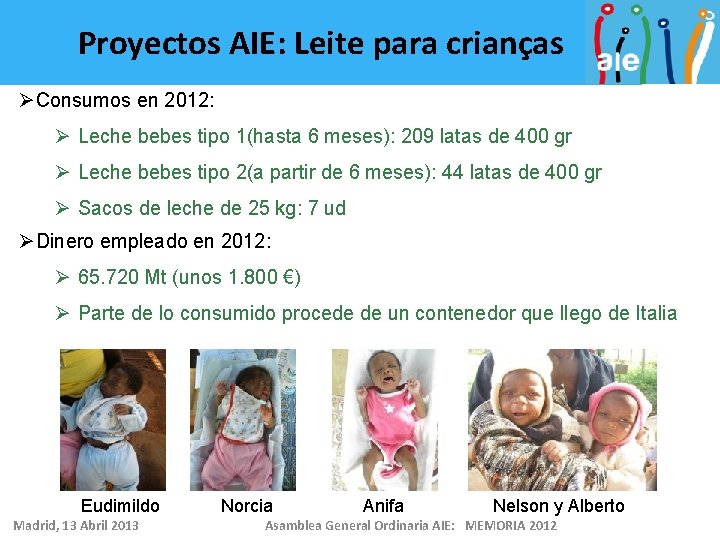 Proyectos AIE: Leite para crianças ØConsumos en 2012: Ø Leche bebes tipo 1(hasta 6