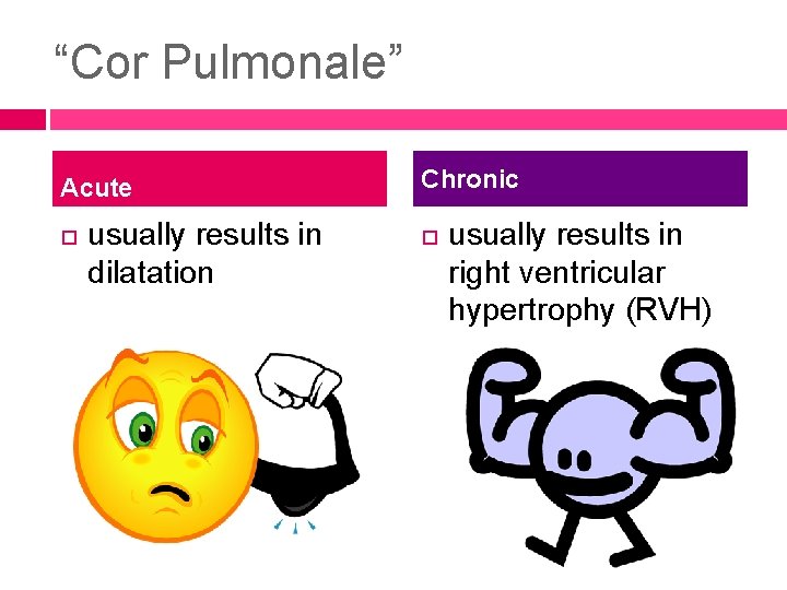 “Cor Pulmonale” Acute usually results in dilatation Chronic usually results in right ventricular hypertrophy