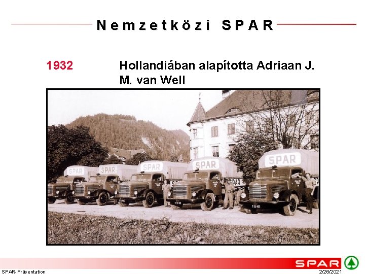 Nemzetközi SPAR 1932 SPAR-Präsentation Hollandiában alapította Adriaan J. M. van Well 2/26/2021 