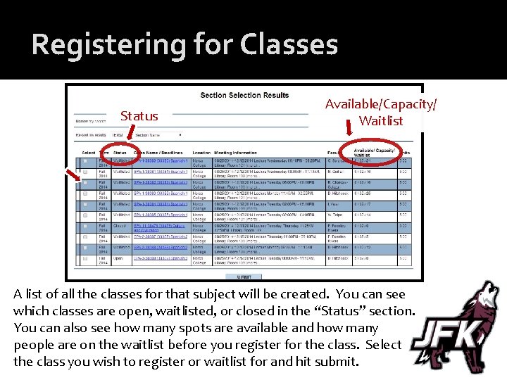 Registering for Classes Status Available/Capacity/ Waitlist A list of all the classes for that