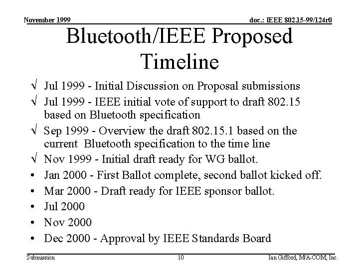 November 1999 doc. : IEEE 802. 15 -99/124 r 0 Bluetooth/IEEE Proposed Timeline Ö