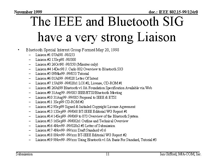 November 1999 doc. : IEEE 802. 15 -99/124 r 0 The IEEE and Bluetooth