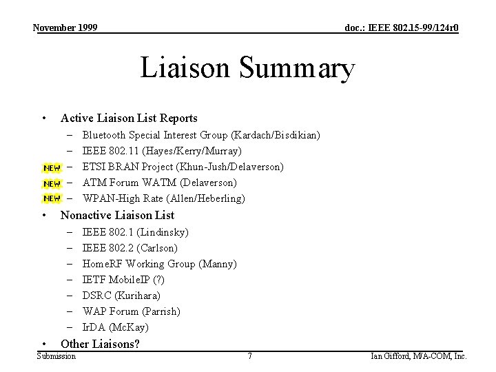 November 1999 doc. : IEEE 802. 15 -99/124 r 0 Liaison Summary • Active