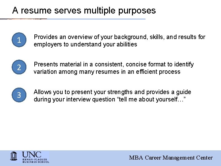 A resume serves multiple purposes 1 Provides an overview of your background, skills, and