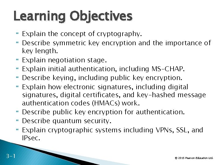 Learning Objectives 3 -1 Explain the concept of cryptography. Describe symmetric key encryption and