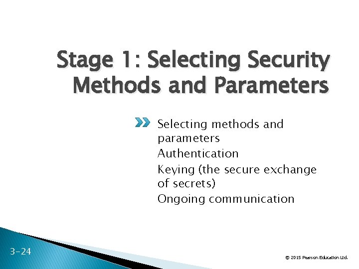 Stage 1: Selecting Security Methods and Parameters Selecting methods and parameters Authentication Keying (the