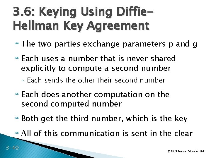 3. 6: Keying Using Diffie. Hellman Key Agreement The two parties exchange parameters p