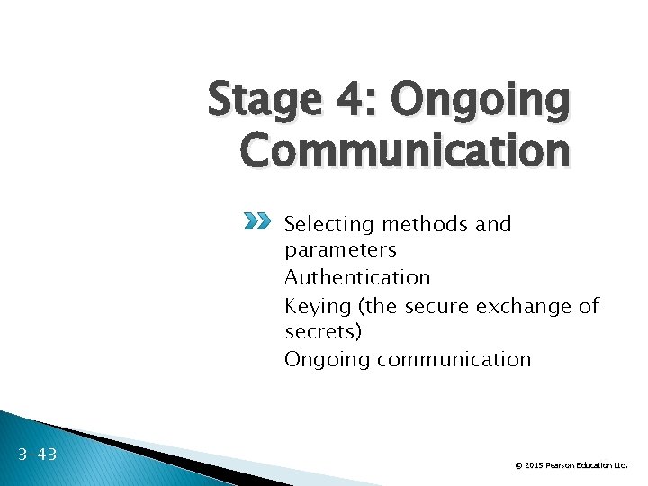 Stage 4: Ongoing Communication Selecting methods and parameters Authentication Keying (the secure exchange of