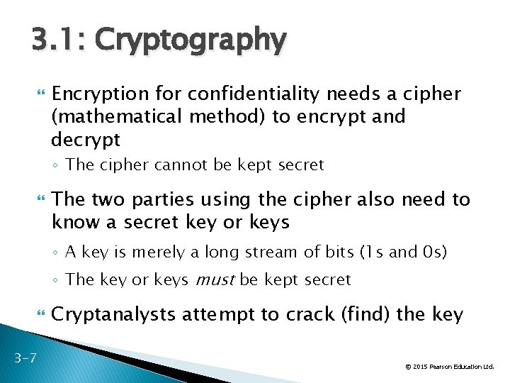 3. 1: Cryptography Encryption for confidentiality needs a cipher (mathematical method) to encrypt and