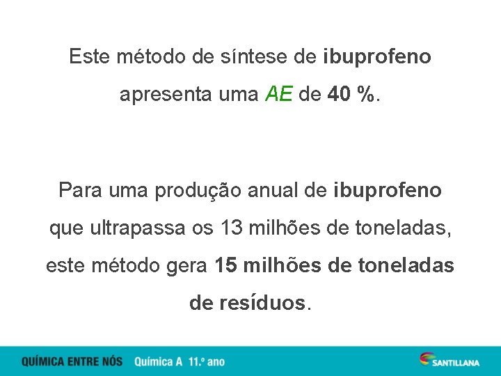 Este método de síntese de ibuprofeno apresenta uma AE de 40 %. Para uma