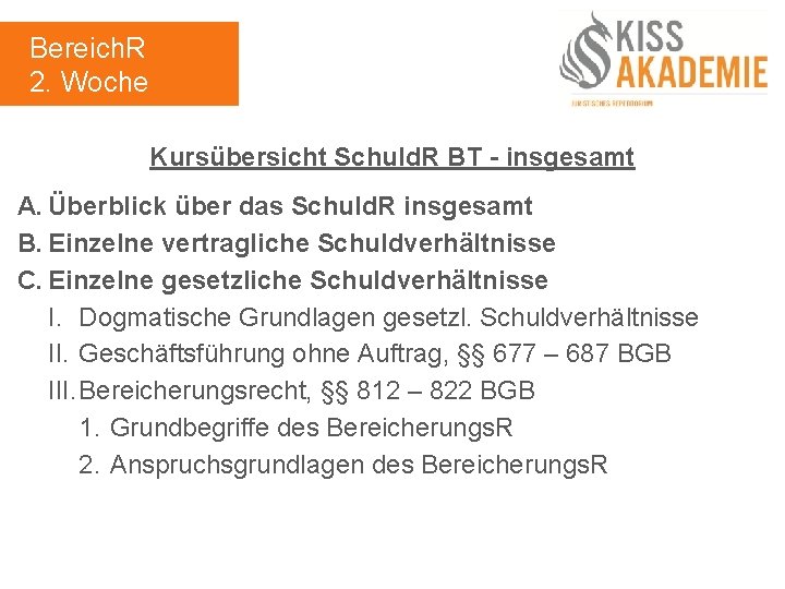 Bereich. R 2. Woche Kursübersicht Schuld. R BT - insgesamt A. Überblick über das