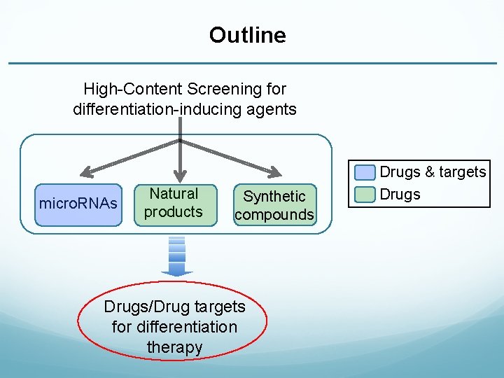 Outline High-Content Screening for differentiation-inducing agents micro. RNAs Natural products Synthetic compounds Drugs/Drug targets