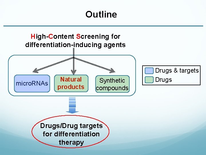 Outline High-Content Screening for differentiation-inducing agents micro. RNAs Natural products Synthetic compounds Drugs/Drug targets