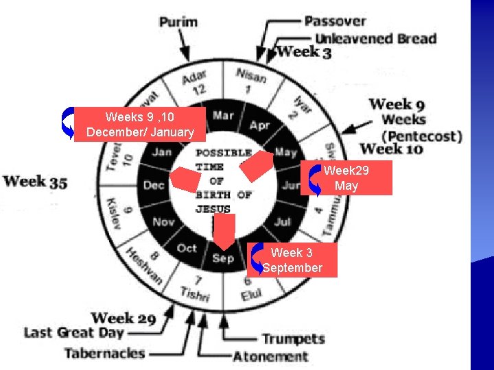 Weeks 9 , 10 December/ January Week 29 May Week 3 September 