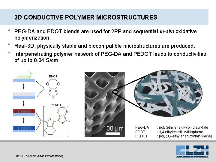 3 D CONDUCTIVE POLYMER MICROSTRUCTURES } PEG-DA and EDOT blends are used for 2