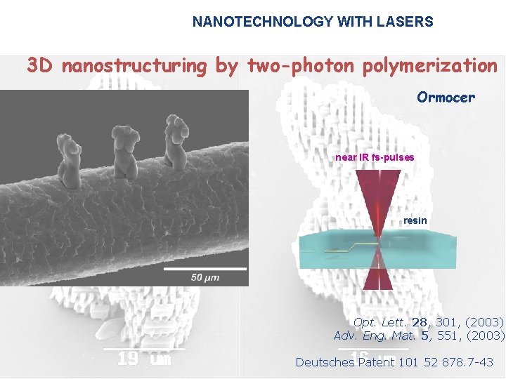 NANOTECHNOLOGY WITH LASERS 3 D nanostructuring by two-photon polymerization Ormocer near IR fs-pulses resin
