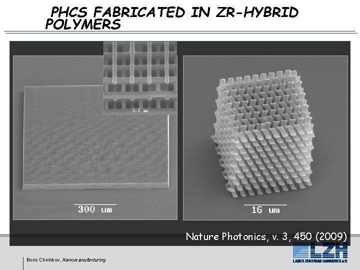 PHCS FABRICATED IN ZR-HYBRID POLYMERS Nature Photonics, v. 3, 450 (2009) Boris Chichkov, Nanomanufacturing