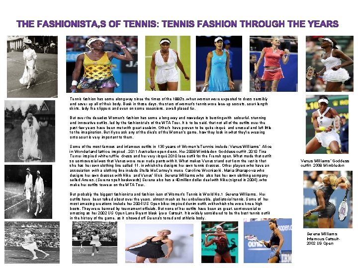 Tennis fashion has come along way since the times of the 1880’s, when women