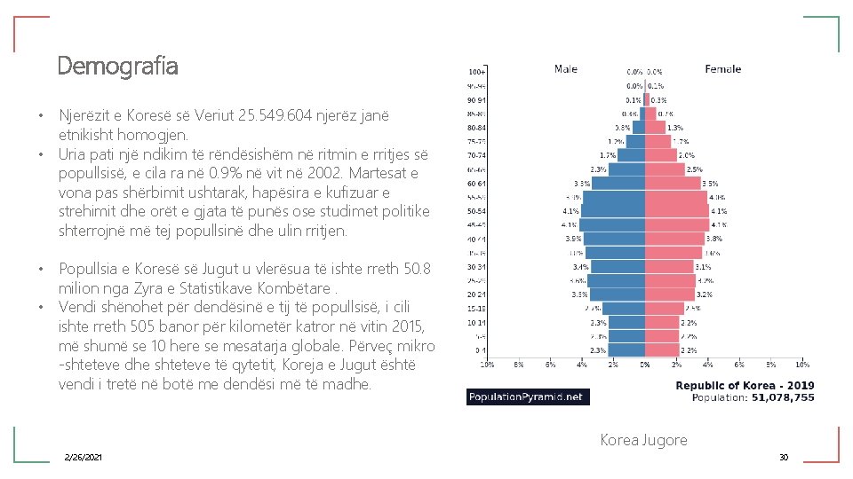 Demografia • Njerëzit e Koresë së Veriut 25. 549. 604 njerëz janë etnikisht homogjen.