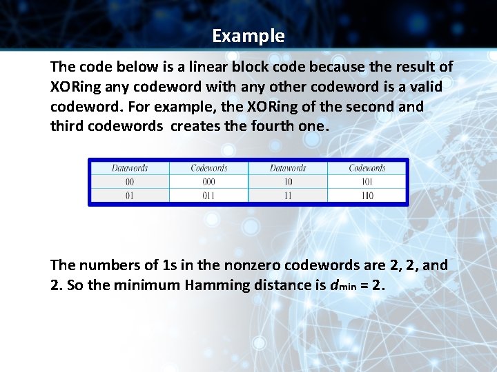 Example The code below is a linear block code because the result of XORing Example The code below is a linear block code because the result of XORing