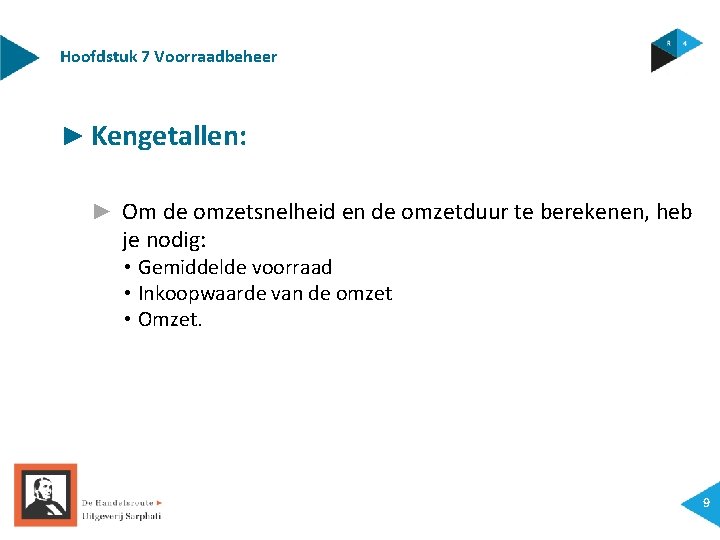 Hoofdstuk 7 Voorraadbeheer ► Kengetallen: ► Om de omzetsnelheid en de omzetduur te berekenen,