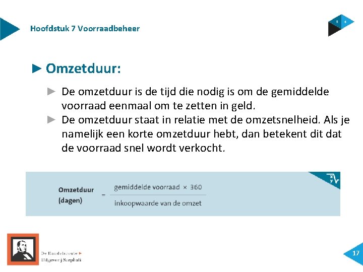 Hoofdstuk 7 Voorraadbeheer ► Omzetduur: ► De omzetduur is de tijd die nodig is