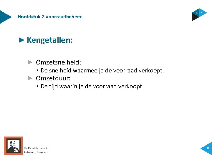 Hoofdstuk 7 Voorraadbeheer ► Kengetallen: ► Omzetsnelheid: • De snelheid waarmee je de voorraad