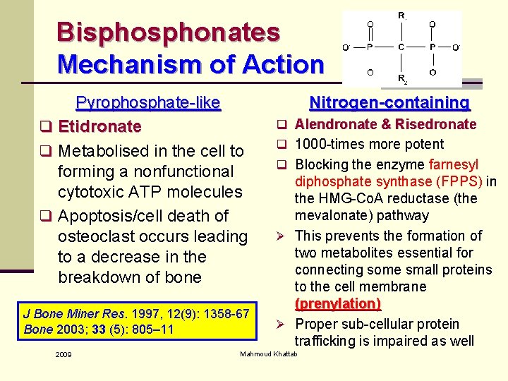 Bisphonates Mechanism of Action Pyrophosphate-like q Etidronate q Metabolised in the cell to forming