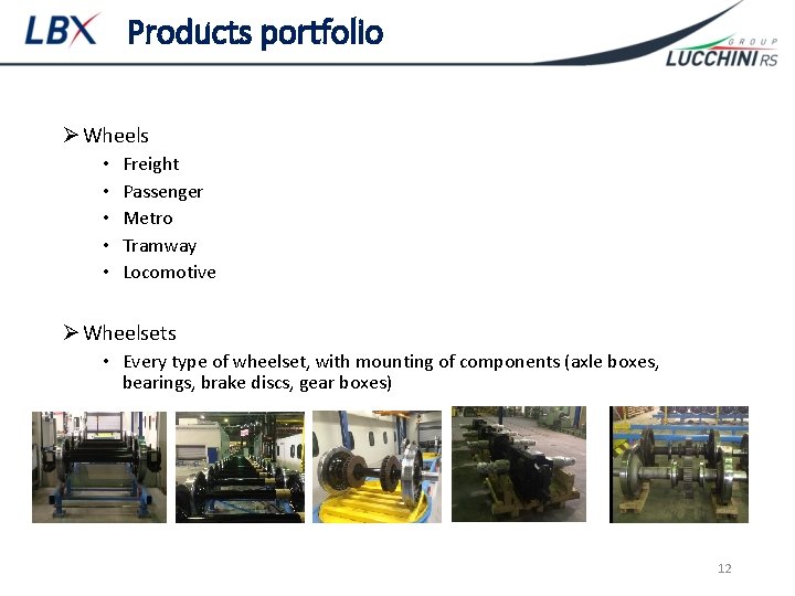 Products portfolio Ø Wheels • • • Freight Passenger Metro Tramway Locomotive Ø Wheelsets