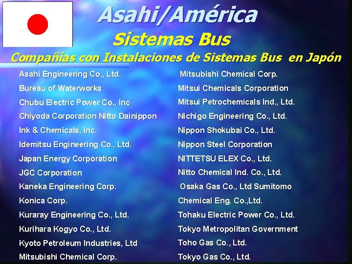 Asahi/América Sistemas Bus Compañías con Instalaciones de Sistemas Bus en Japón Asahi Engineering Co.