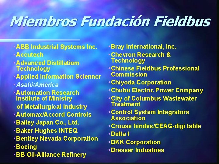 Miembros Fundación Fieldbus • ABB Industrial Systems Inc. • Accutech • Advanced Distillatiom Technology