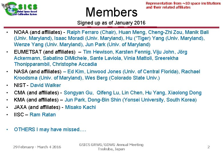 Members Representation from ~10 space institutions and their related affiliates Signed up as of