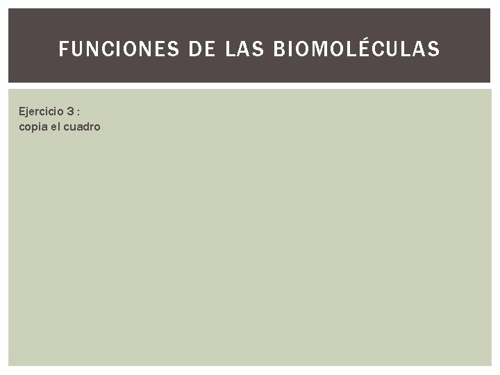 FUNCIONES DE LAS BIOMOLÉCULAS Ejercicio 3 : copia el cuadro 