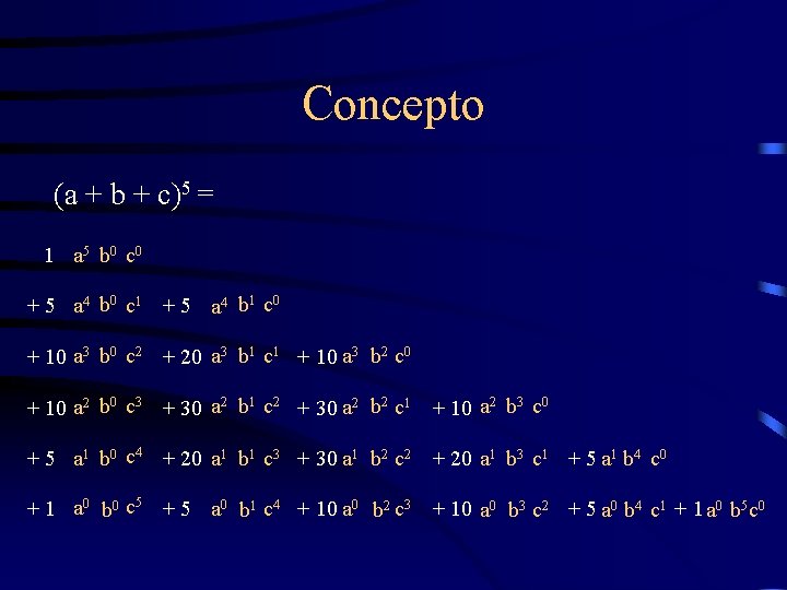 Concepto (a + b + c)5 = 1 a 5 b 0 c 0