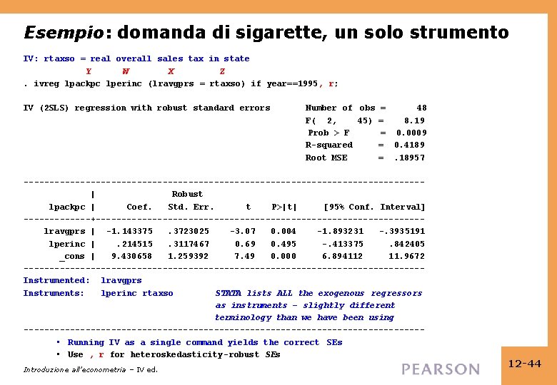 Esempio: domanda di sigarette, un solo strumento IV: rtaxso = real overall sales tax