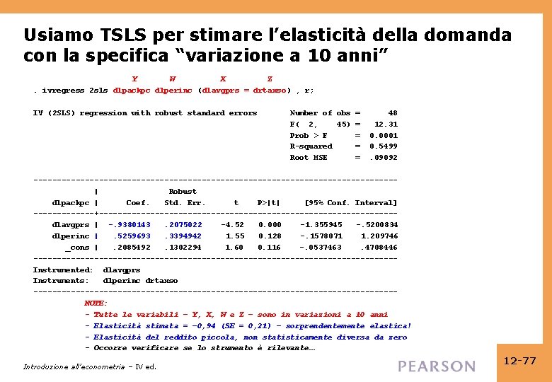 Usiamo TSLS per stimare l’elasticità della domanda con la specifica “variazione a 10 anni”
