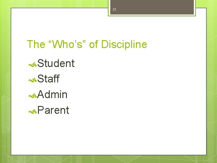 31 The “Who’s” of Discipline Student Staff Admin Parent 