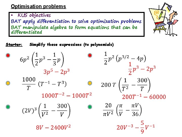 Optimisation problems • KUS objectives BAT apply differentiation to solve optimization problems BAT manipulate