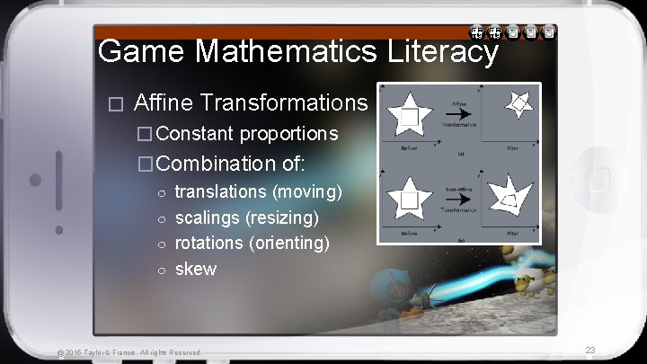 Game Mathematics Literacy � Affine Transformations � Constant proportions �Combination of: ○ translations (moving)