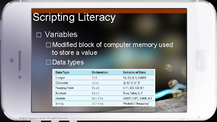 Scripting Literacy � Variables � Modified block of computer memory used to store a