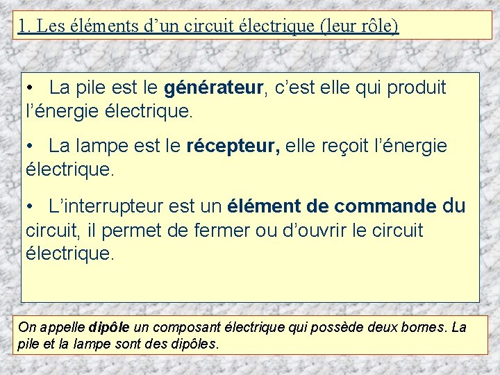 1. Les éléments d’un circuit électrique (leur rôle) • La pile est le générateur,