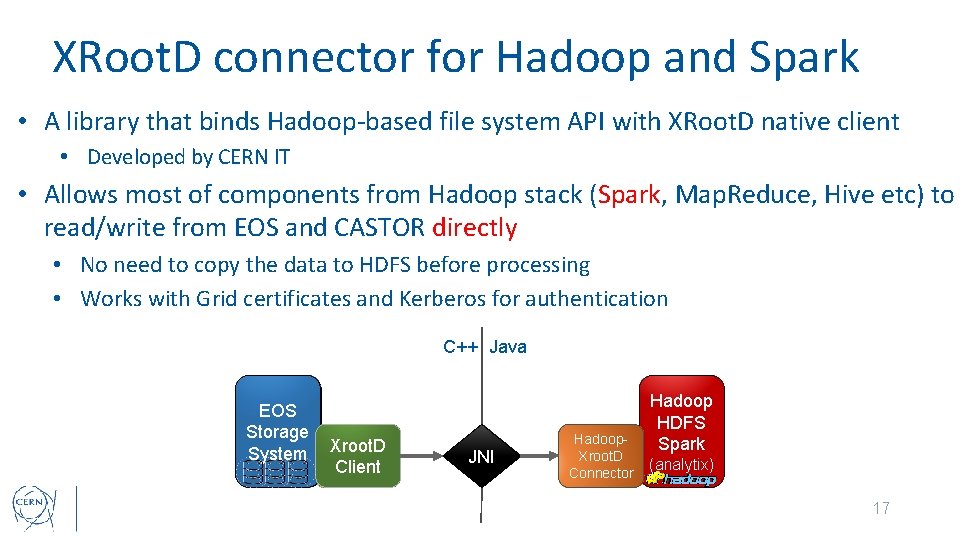 XRoot. D connector for Hadoop and Spark • A library that binds Hadoop-based file