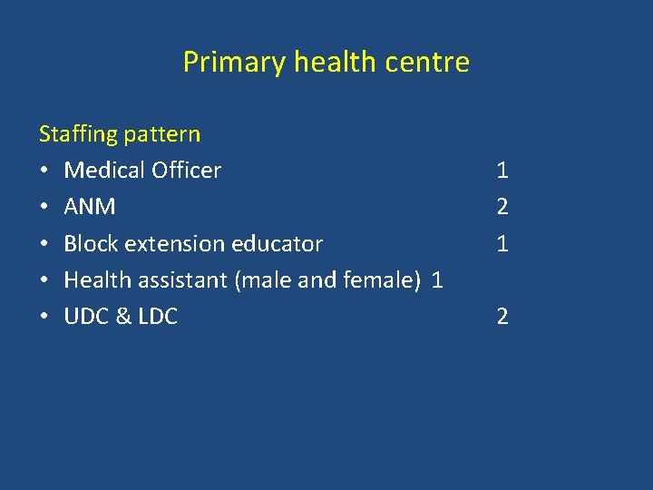Primary health centre Staffing pattern • Medical Officer • ANM • Block extension educator