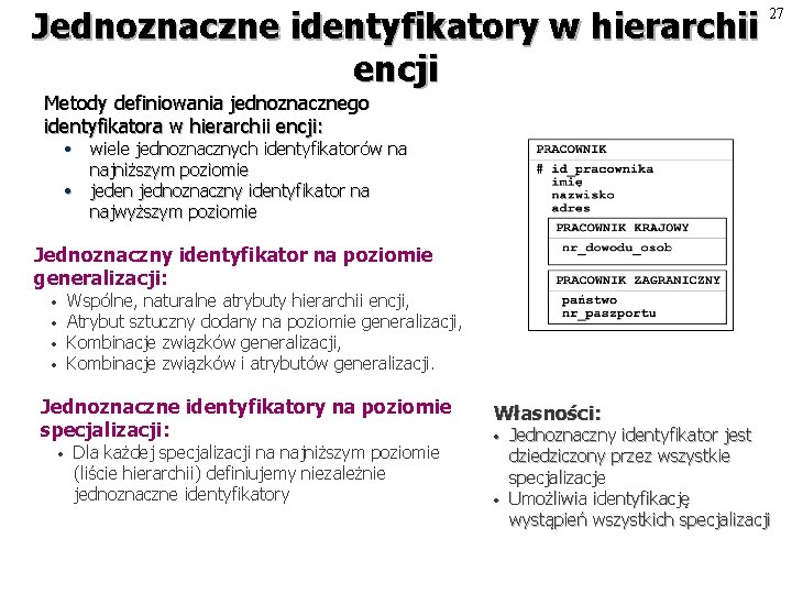 Jednoznaczne identyfikatory w hierarchii encji 27 Metody definiowania jednoznacznego identyfikatora w hierarchii encji: •